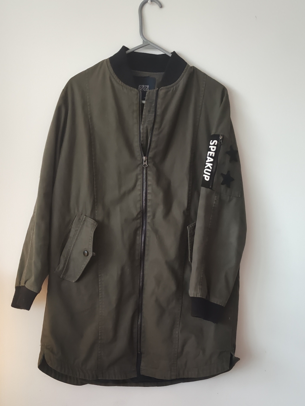 Zara Olive Green Military-Style Long Bomber Jacket with Black Sleeve Patch